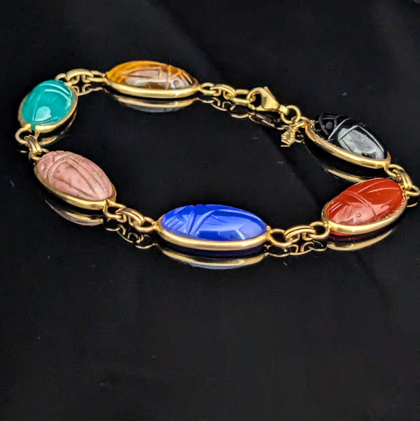 BOJAR 14k Yellow Gold Hardstone Scarab Bracelet Talisman Estate Carved Gemstones