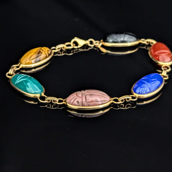 BOJAR 14k Yellow Gold Hardstone Scarab Bracelet Talisman Estate Carved Gemstones