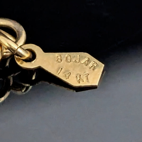 BOJAR 14k Yellow Gold Hardstone Scarab Bracelet Talisman Estate Carved Gemstones bojar hallmark tag
