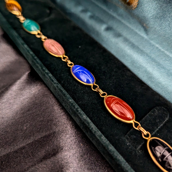 BOJAR 14k Yellow Gold Hardstone Scarab Bracelet Talisman Estate Carved Gemstones