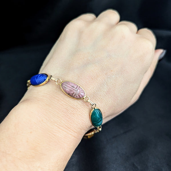 BOJAR 14k Yellow Gold Hardstone Scarab Bracelet Talisman Estate Carved Gemstones