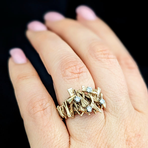 Brutalist 1970s Diamonds 14k Yellow Gold Cocktail Ring Modernistic Band Vintage