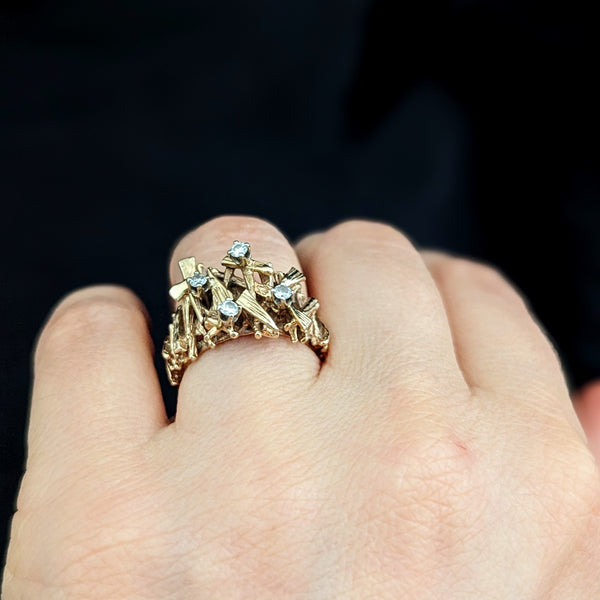 Brutalist 1970s Diamonds 14k Yellow Gold Cocktail Ring Modernistic Band Vintage