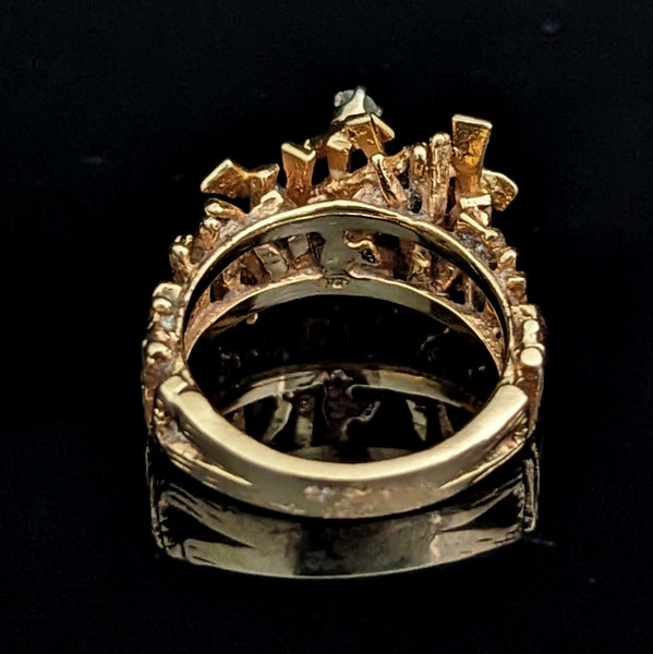 Brutalist 1970s Diamonds 14k Yellow Gold Cocktail Ring Modernistic Band Vintage