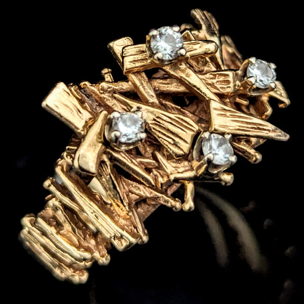 Brutalist 1970s Diamonds 14k Yellow Gold Cocktail Ring Modernistic Band Vintage