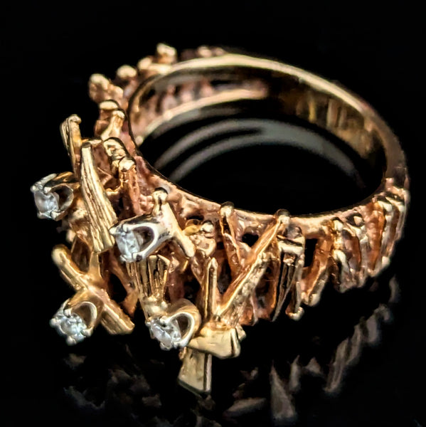 Brutalist 1970s Diamonds 14k Yellow Gold Cocktail Ring Modernistic Band Vintage