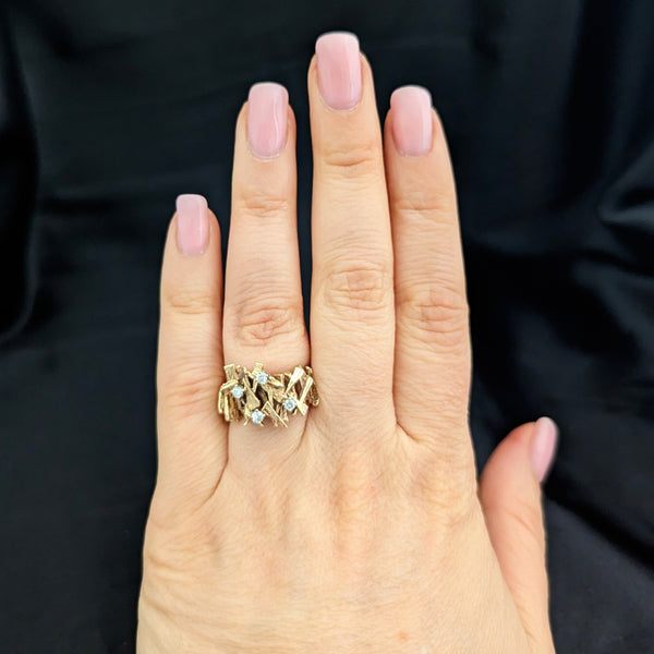 Brutalist 1970s Diamonds 14k Yellow Gold Cocktail Ring Modernistic Band Vintage
