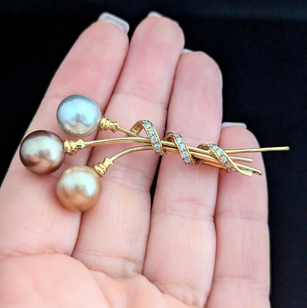 By YVEL Estate Pearl Diamond 18k Yellow Gold Brooch Pin Designer Signed 2.5"