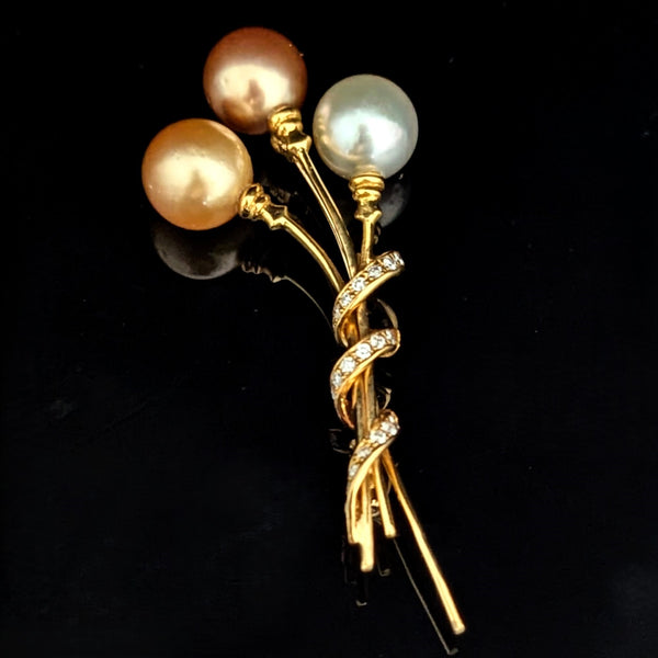 By YVEL Estate Pearl Diamond 18k Yellow Gold Brooch Pin Designer Signed 2.5"
