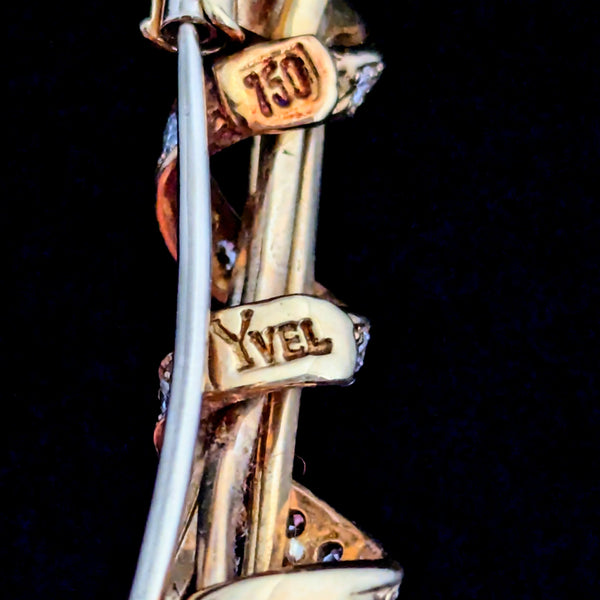 By YVEL Estate Pearl Diamond 18k Yellow Gold Brooch Pin Designer Signed 2.5"