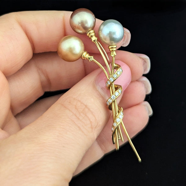 By YVEL Estate Pearl Diamond 18k Yellow Gold Brooch Pin Designer Signed 2.5"