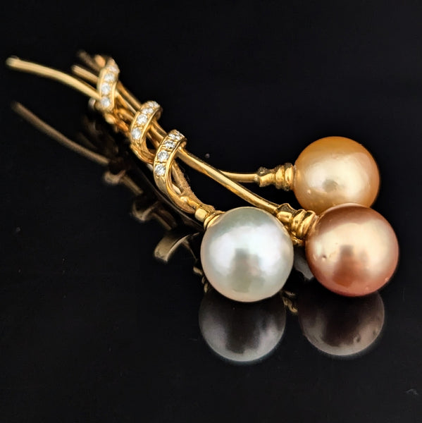 By YVEL Estate Pearl Diamond 18k Yellow Gold Brooch Pin Designer Signed 2.5"