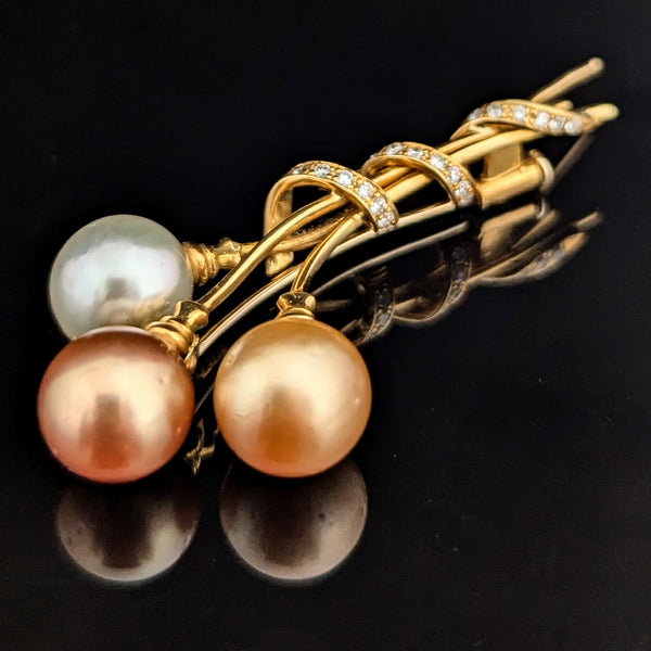 By YVEL Estate Pearl Diamond 18k Yellow Gold Brooch Pin Designer Signed 2.5"