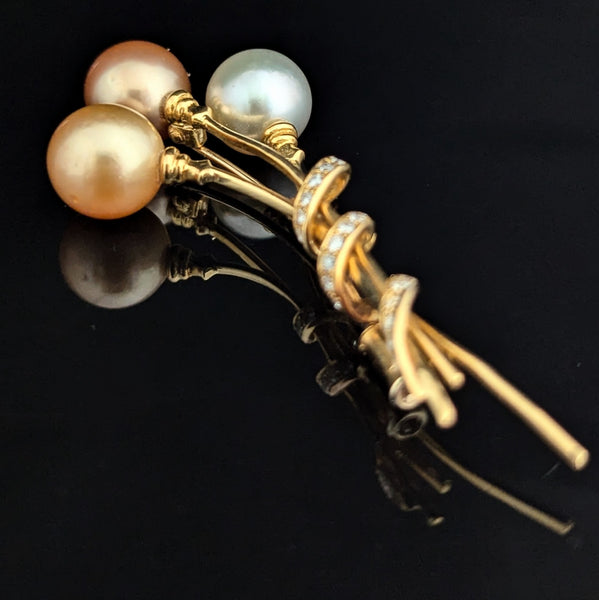 By YVEL Estate Pearl Diamond 18k Yellow Gold Brooch Pin Designer Signed 2.5"