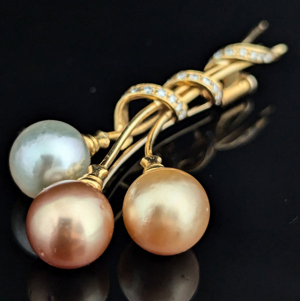 By YVEL Estate Pearl Diamond 18k Yellow Gold Brooch Pin Designer Signed 2.5"