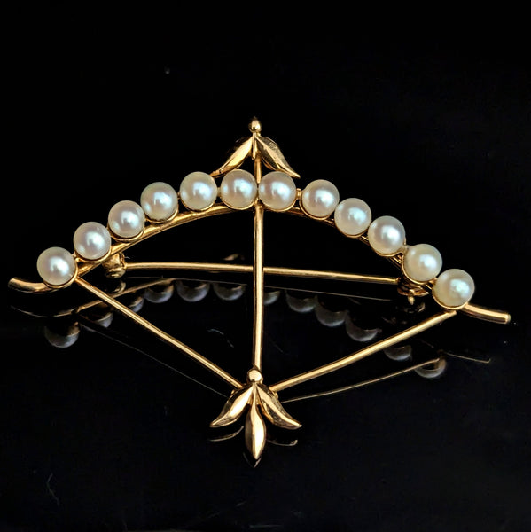 CARL ART INC Vintage Pearls & 14k Yellow Gold Bow And Arrow Brooch Pin Vintage