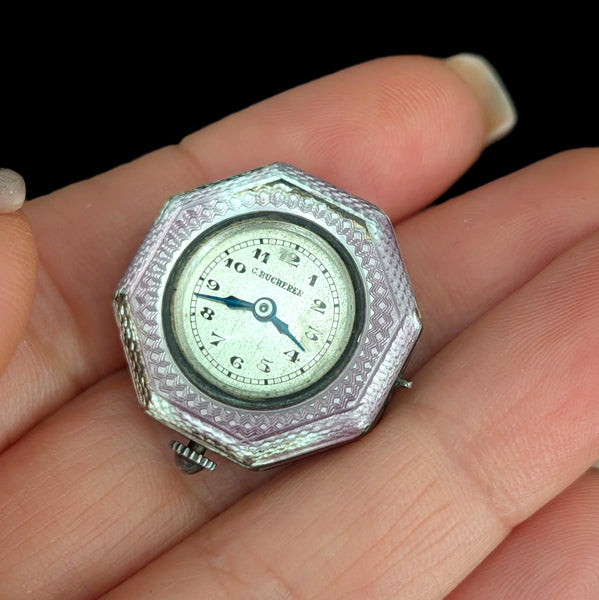 CARL BUCHERER Antique Guilloche Pink Enamel Sterling Silver Watch Head Art Deco