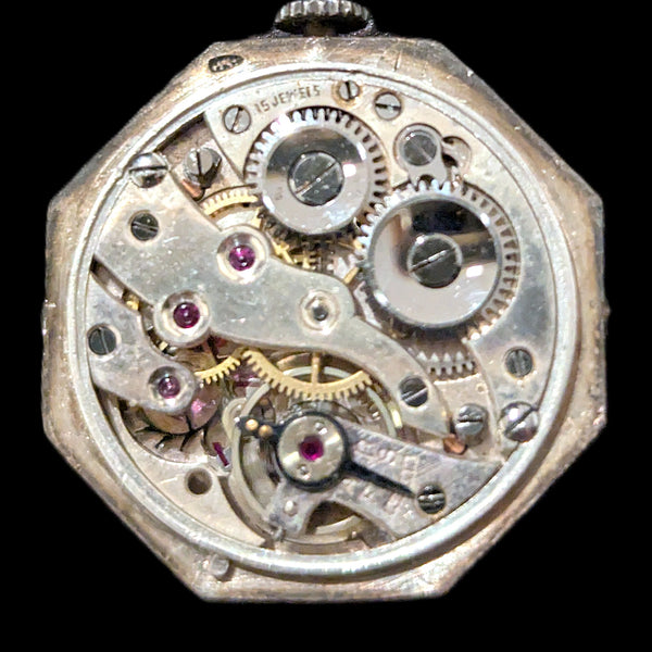CARL BUCHERER Antique Guilloche Pink Enamel Sterling Silver Watch Head Art Deco mechanism