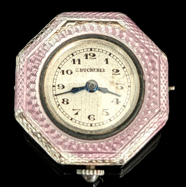 CARL BUCHERER Antique Guilloche Pink Enamel Sterling Silver Watch Head Art Deco