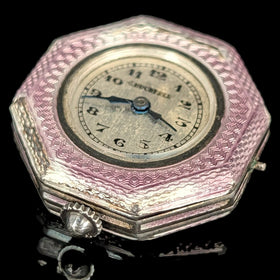 CARL BUCHERER Antique Guilloche Pink Enamel Sterling Silver Watch Head Art Deco