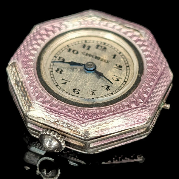 CARL BUCHERER Antique Guilloche Pink Enamel Sterling Silver Watch Head Art Deco