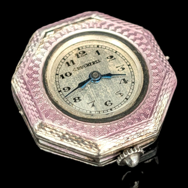 CARL BUCHERER Antique Guilloche Pink Enamel Sterling Silver Watch Head Art Deco