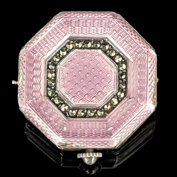 CARL BUCHERER Antique Guilloche Pink Enamel Sterling Silver Watch Head Art Deco
