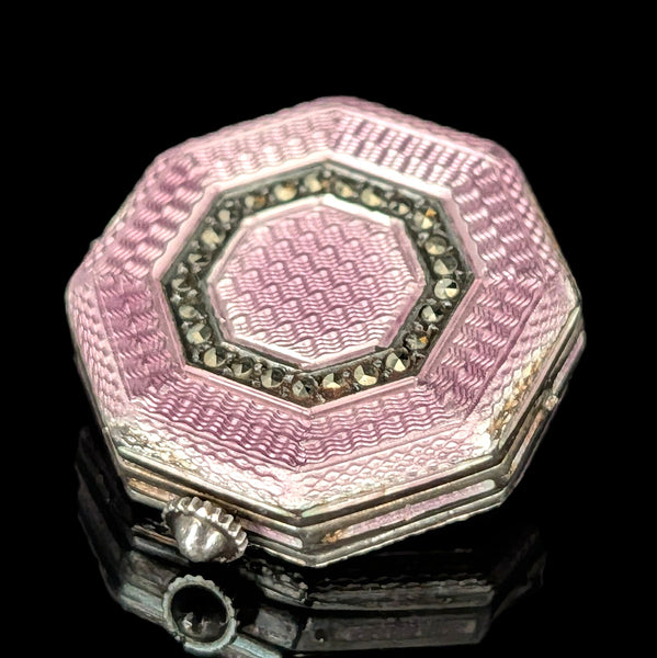 CARL BUCHERER Antique Guilloche Pink Enamel Sterling Silver Watch Head Art Deco