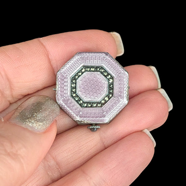 CARL BUCHERER Antique Guilloche Pink Enamel Sterling Silver Watch Head Art Deco