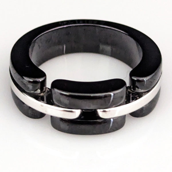 CHANEL Ultra 18k White Gold Black Ceramic Ring Estate with Box Signed Band Gift