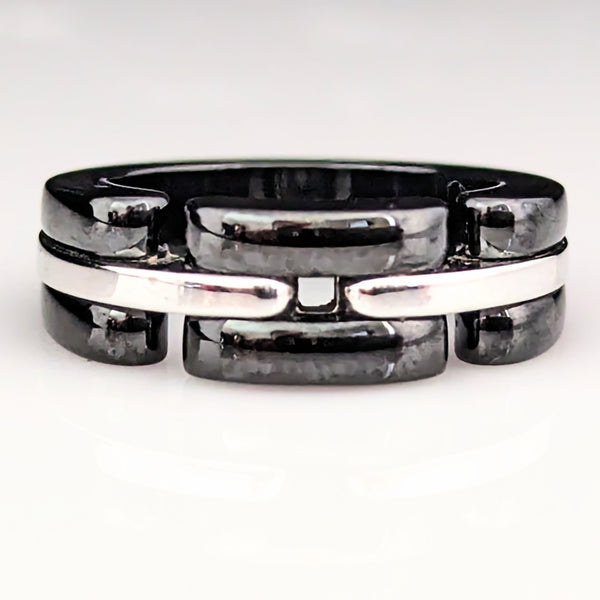 CHANEL Ultra 18k White Gold Black Ceramic Ring Estate with Box Signed Band Gift