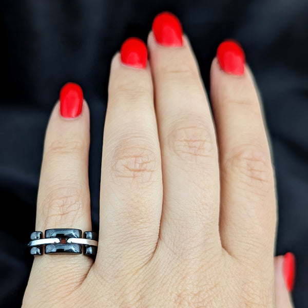 CHANEL Ultra 18k White Gold Black Ceramic Ring Estate with Box Signed Band Gift