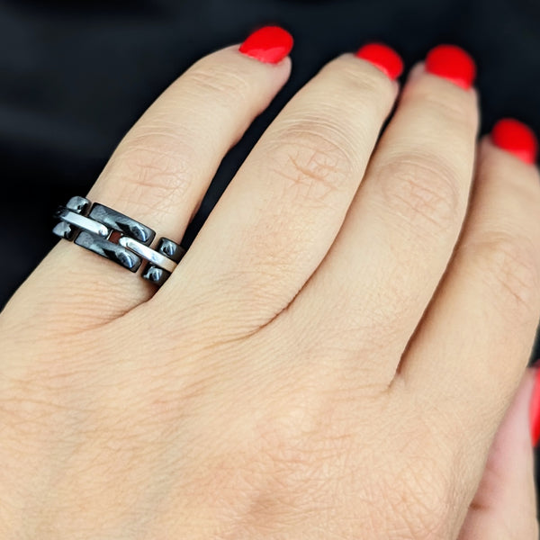 CHANEL Ultra 18k White Gold Black Ceramic Ring Estate with Box Signed Band Gift