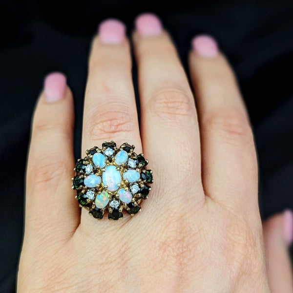 CLYDE DUNEIER Vintage Diamond Opal Gemstone 14k Yellow Gold Cocktail Dome Ring