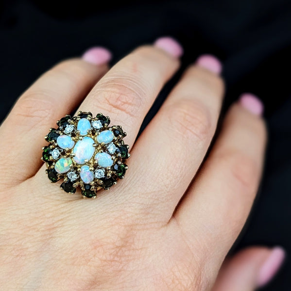 CLYDE DUNEIER Vintage Diamond Opal Gemstone 14k Yellow Gold Cocktail Dome Ring