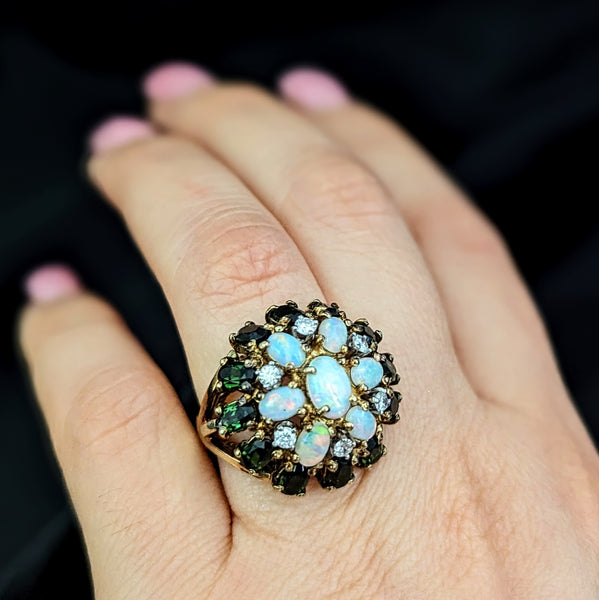 CLYDE DUNEIER Vintage Diamond Opal Gemstone 14k Yellow Gold Cocktail Dome Ring