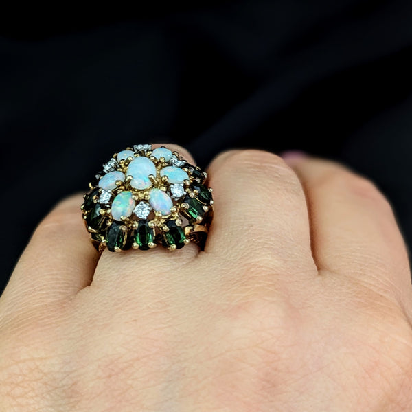 CLYDE DUNEIER Vintage Diamond Opal Gemstone 14k Yellow Gold Cocktail Dome Ring