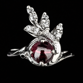 Vintage Cabochon Cut Garnet Diamond 14k White Gold Statement Ring Floral Estate
