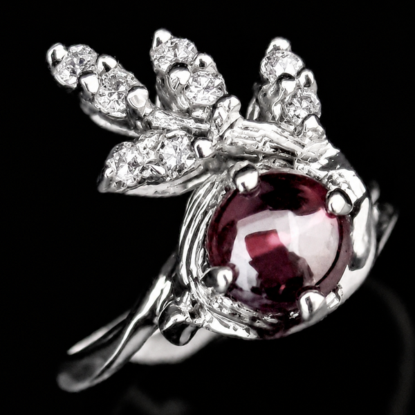 Vintage Cabochon Cut Garnet Diamond 14k White Gold Statement Ring Floral Estate