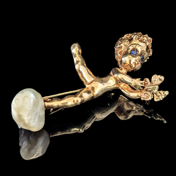 Cherub w Butterfly 14k Yellow Gold Sapphires Mississippi Freshwater Pearl Brooch attributed to Ruser