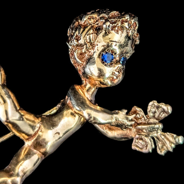 Cherub w Butterfly 14k Yellow Gold Sapphires Mississippi Freshwater Pearl Brooch attributed to Ruser