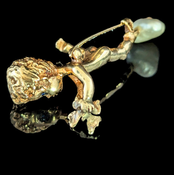 Cherub w Butterfly 14k Yellow Gold Sapphires Mississippi Freshwater Pearl Brooch attributed to Ruser