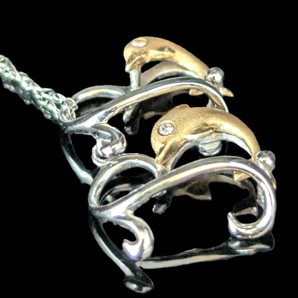 DENNY WONG Diamonds 14k Gold Double Dolphin Hearts Articulated Necklace Pendant Chain Estate Vintage