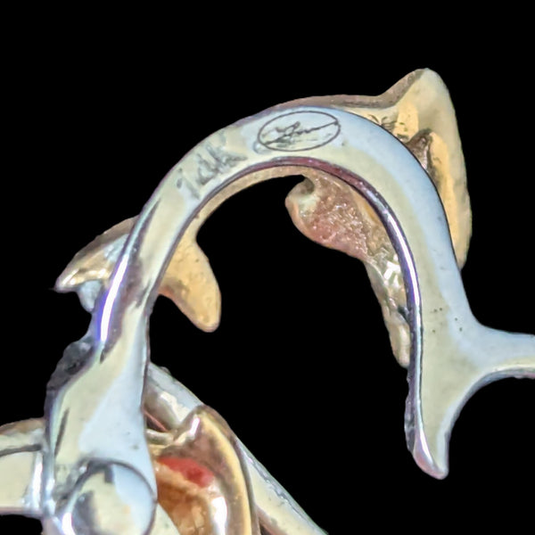 DENNY WONG Diamonds 14k Gold Double Dolphin Hearts Articulated Necklace Pendant Chain Estate Vintage maker's mark
