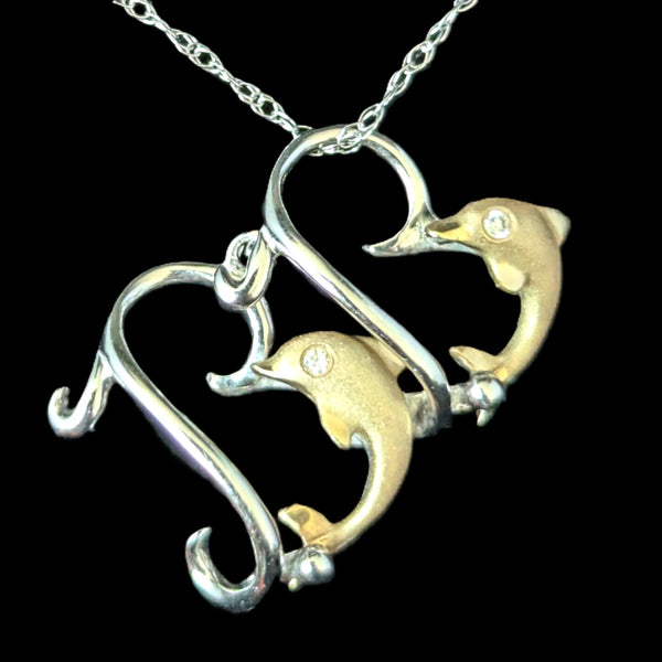 DENNY WONG Diamonds 14k Gold Double Dolphin Hearts Articulated Necklace Pendant Chain Estate Vintage