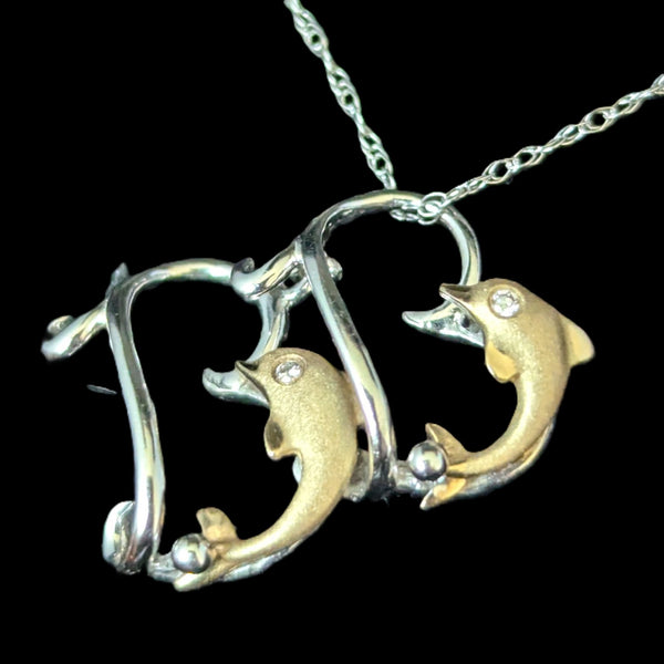 DENNY WONG Diamonds 14k Gold Double Dolphin Hearts Articulated Necklace Pendant Chain Estate Vintage