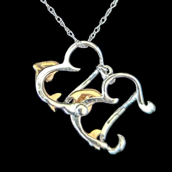 DENNY WONG Diamonds 14k Gold Double Dolphin Hearts Articulated Necklace Pendant Chain Estate Vintage 