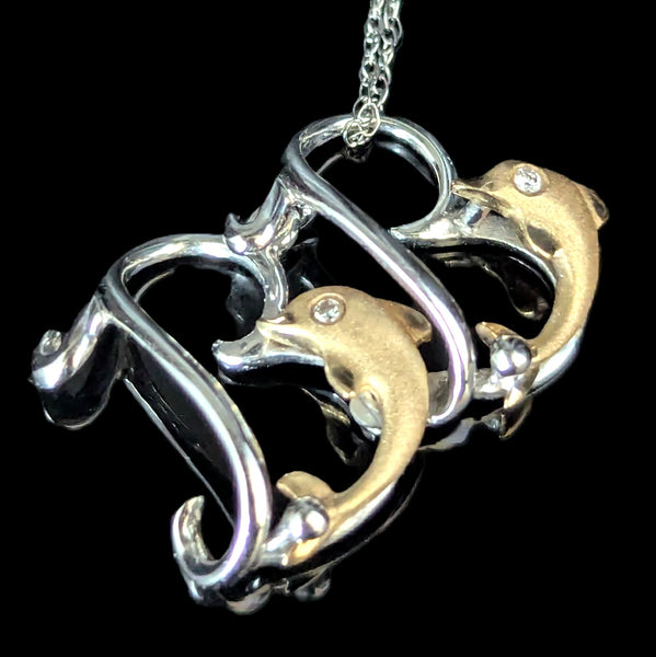 DENNY WONG Diamonds 14k Gold Double Dolphin Hearts Articulated Necklace Pendant Chain Estate Vintage