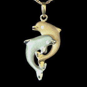 DENNY WONG Diamonds 14k Yellow White Gold Dolphin Necklace Pendant Chain Estate Vintage 