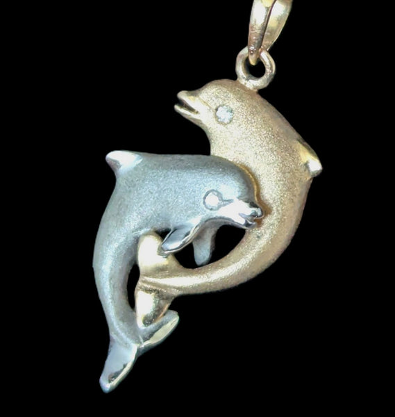 DENNY WONG Diamonds 14k Yellow White Gold Dolphin Necklace Pendant Chain Estate Vintage 